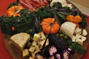 fall themed cheese, meat and vegetable platter