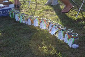 raffle jars listed 1 through 17 lined up on the ground
