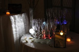 champagne glasses with red white and blue lighting
