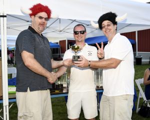 wo men in fuzzy viking hats make goofy faces and accept second place trophy