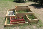 Wooden garden planters with flowers, herbs and vegetables