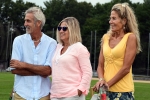 Three people smiling and looking to the left at Croquet on the Green 2019