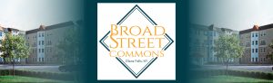 Broad Street Commons logo with images of outside of the building around it