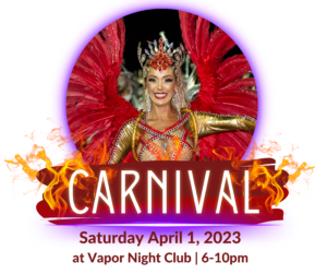 Carnival main image, text with woman in elaborate carnival themed outfit