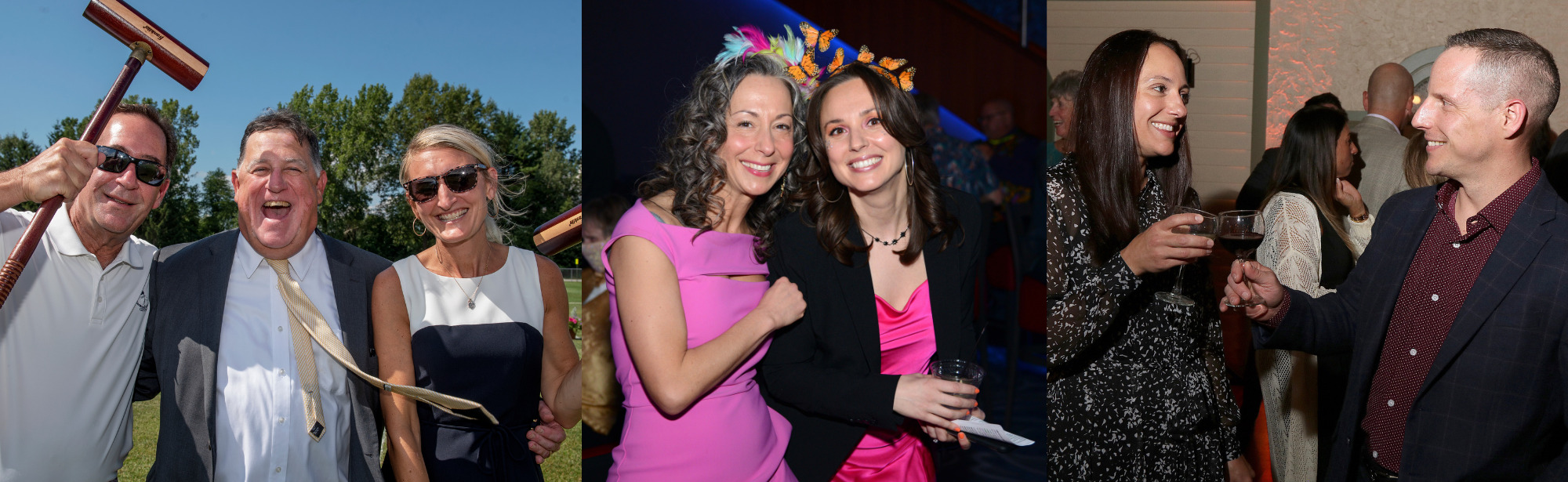 group of three pictures from each AIM event, croquet, carnival, vin le soir