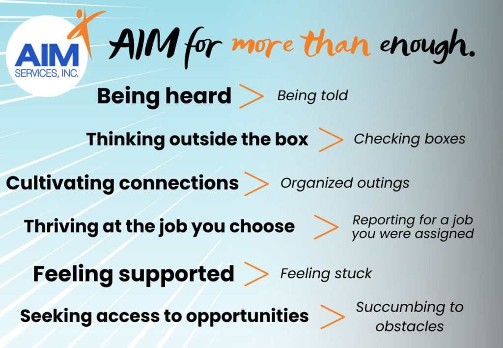 Graphic with text "AIM for more than enough". Being heard > being told. Thinking outside the box > checking boxes. Cultivating connections > organized outings. Thriving at the job you choose > reporting for a job you were assigned. Feeling supported > feeling stuck. Seeing access to opportunities > succumbing to obstacles.