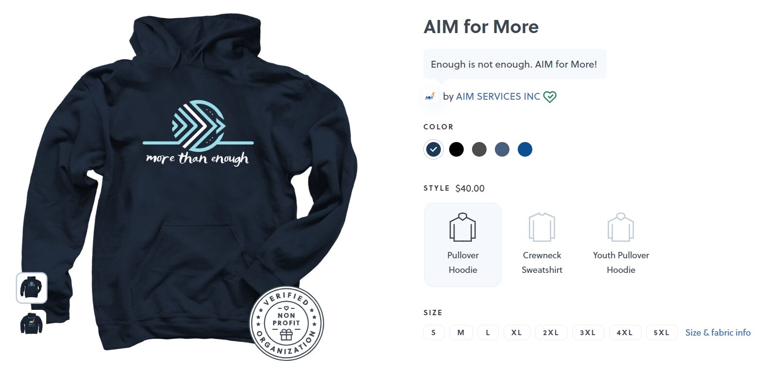 AIM for More hoodie design with size and color options