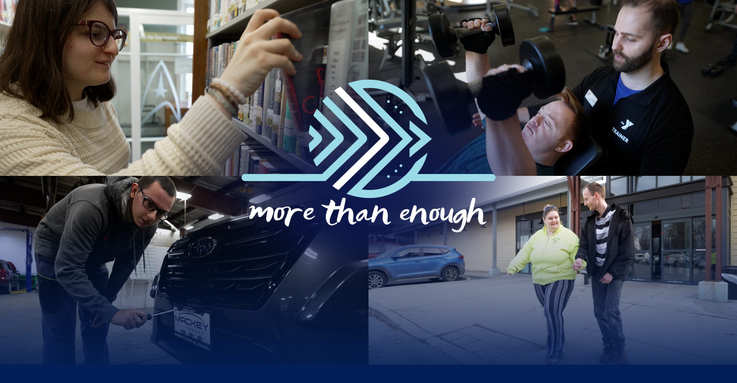 collage of four images: one women pulling a book from a bookcase, one person lifting weights, one person putting license plate cover on a car, and two people walking and holding hands. More than Enough AIM logo over top.