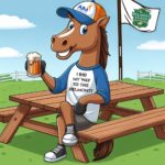 AIM Services image of horse sitting at a picnic table wearing a shirt and AIM hat with Belmont flag in the background